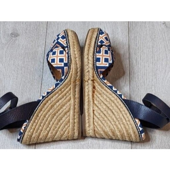 TORY BURCH Orange Blue Canvas Leather Espadrille Criss Cross Strappy Wedge Heels - Picture 6 of 12